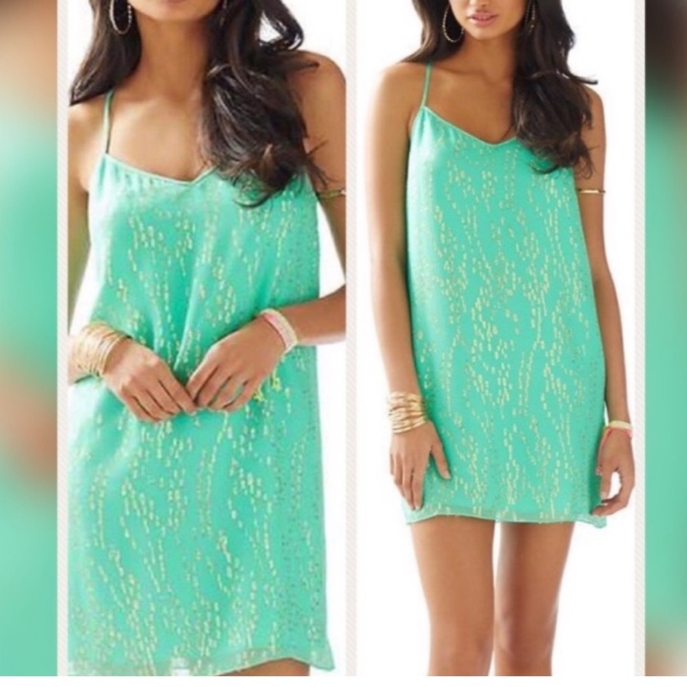 Lilly Pulitzer Mint Green and Gold flowy short summer dress